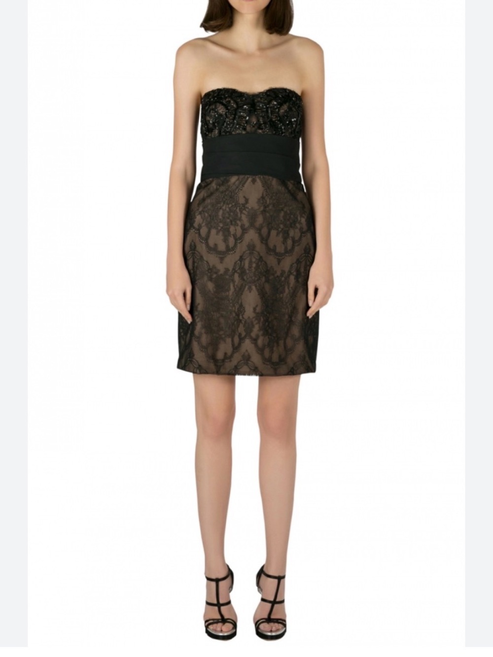 MARCHESA NOTTE Strapless Black Lace Cocktail Dress SZ 4